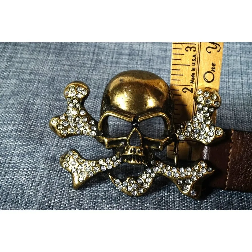 Nine West Skull Buckle Brown Leather Belt Woman's 39 in long - Image 3