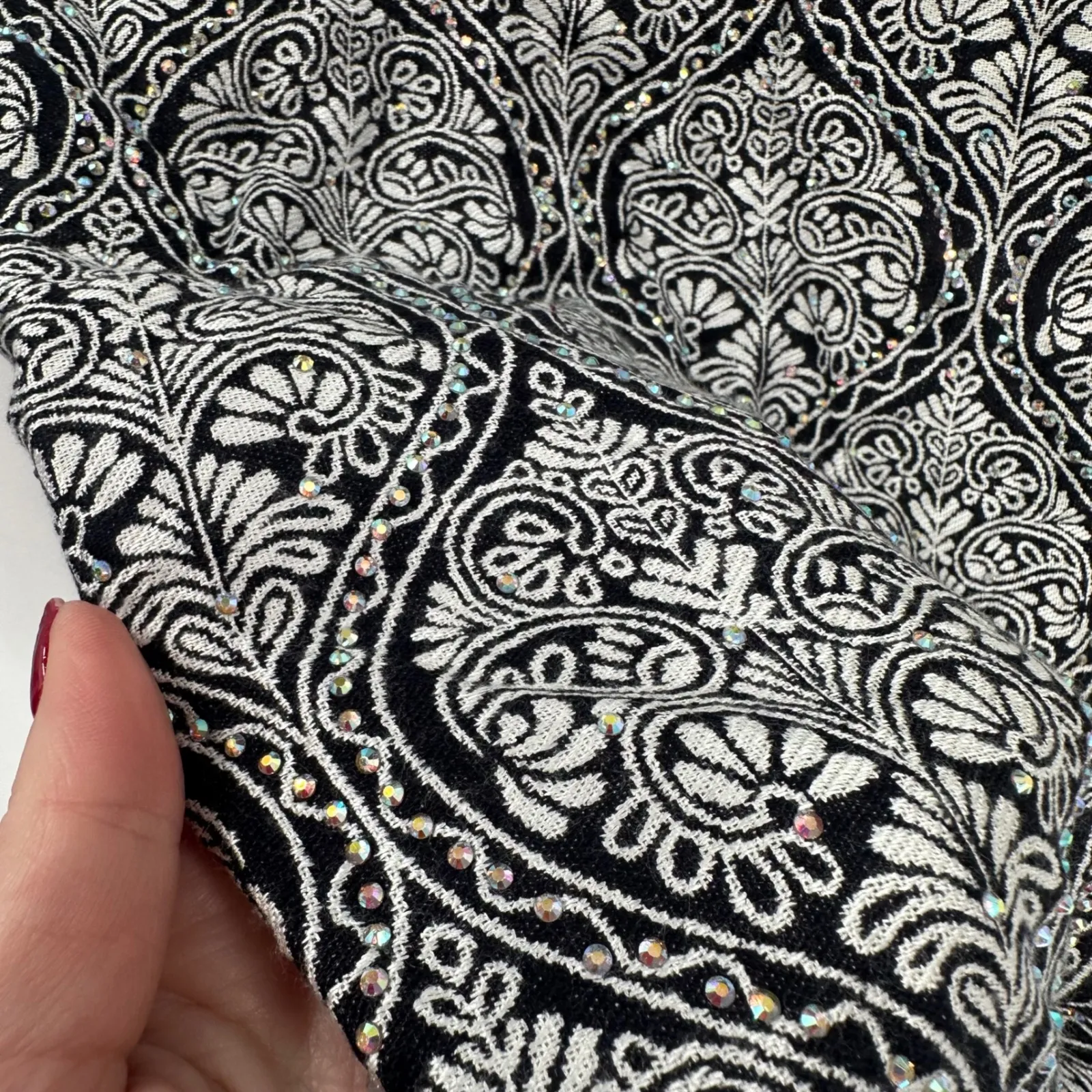 SKY Cashmere Pashmina Scarf Black White Paisley Embellished Sparkle Formal - Image 5