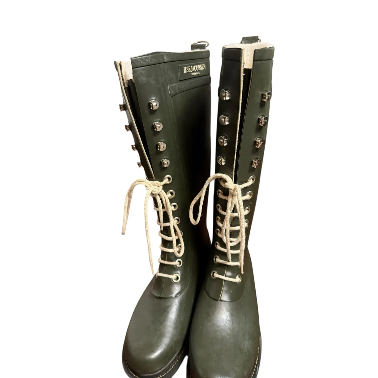 Ilse Jacobsen Knee High Army Green Lace Up Waterproof Rubber Rain Boots Size 8.5 - Image 5