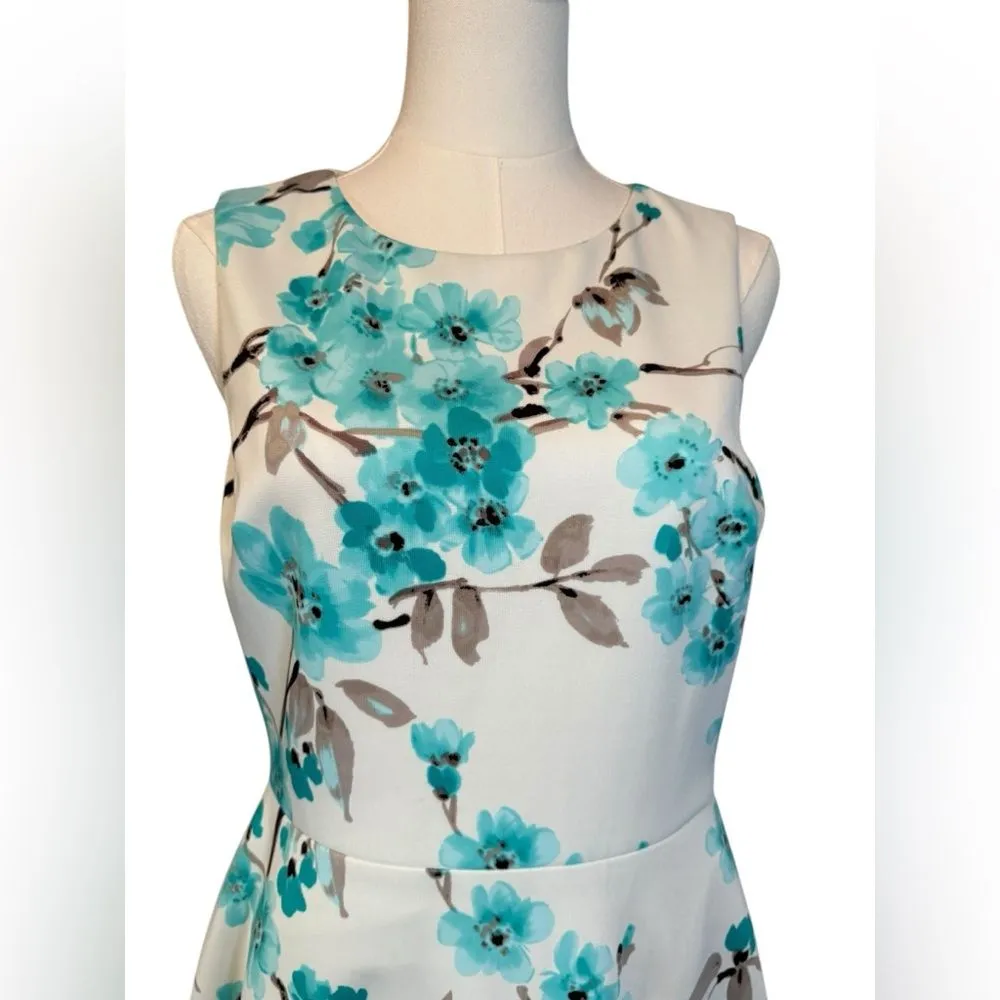 Jessica Howard White Teal Floral Fit Flare Dress 10P - Image 3