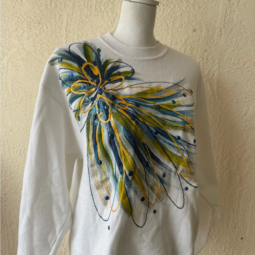 Vintage Jerzees Activewear Floral Flowers 90s Nature Crewneck Sweatshirt womens White Size M - Image 2