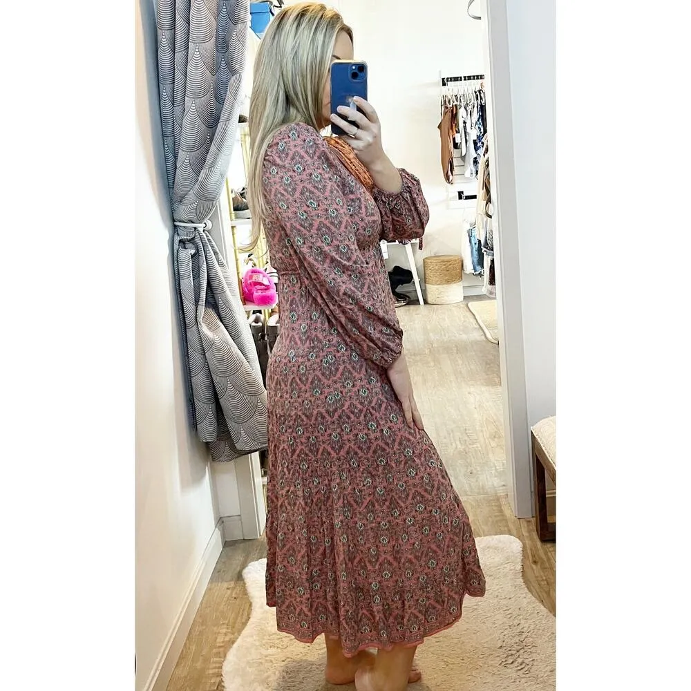 Max Studio Long Sleeve V Neck Printed Midi Dress Maroon Red Small - Image 2