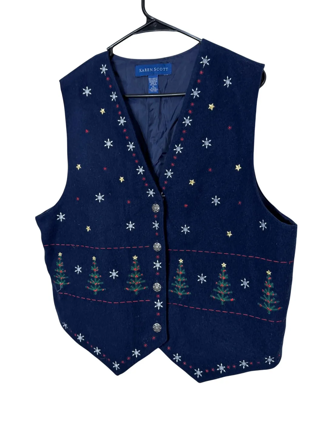 Karen Scott Navy Blue Christmas Tree Snowflake Vest XL Button Front Embroidered - Image 1