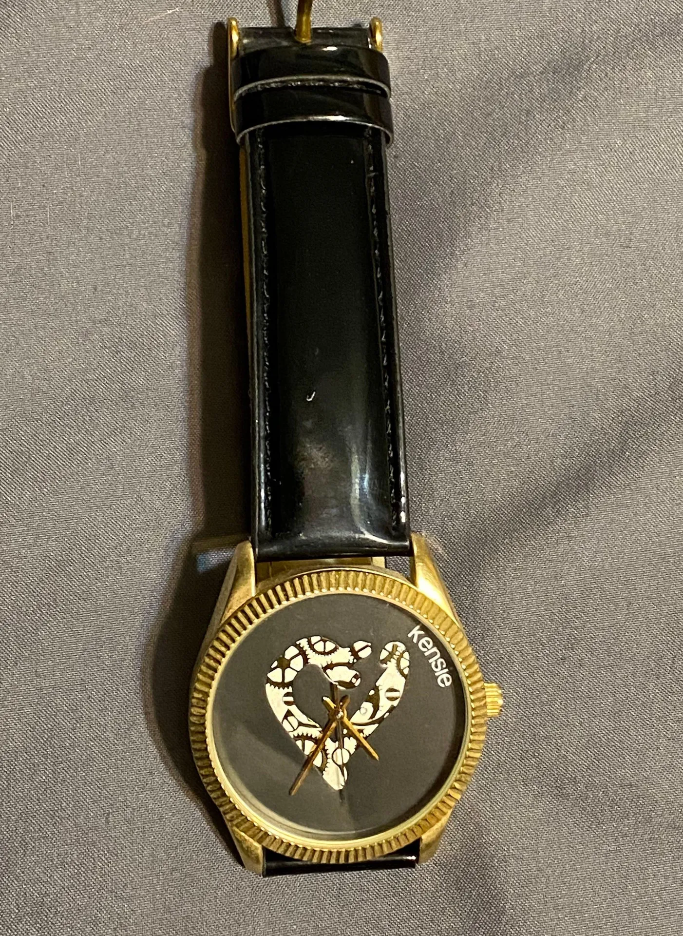 Women's Black Gold Gear Heart Patent Strap Watch - Image 5