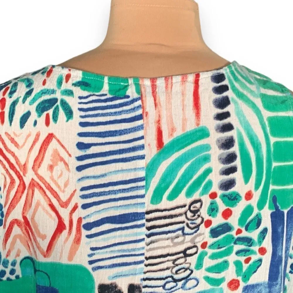 Orientque Alberobello Dress Blue Green Abstract Print Sleeveless Linen Blend Size XL - Image 4