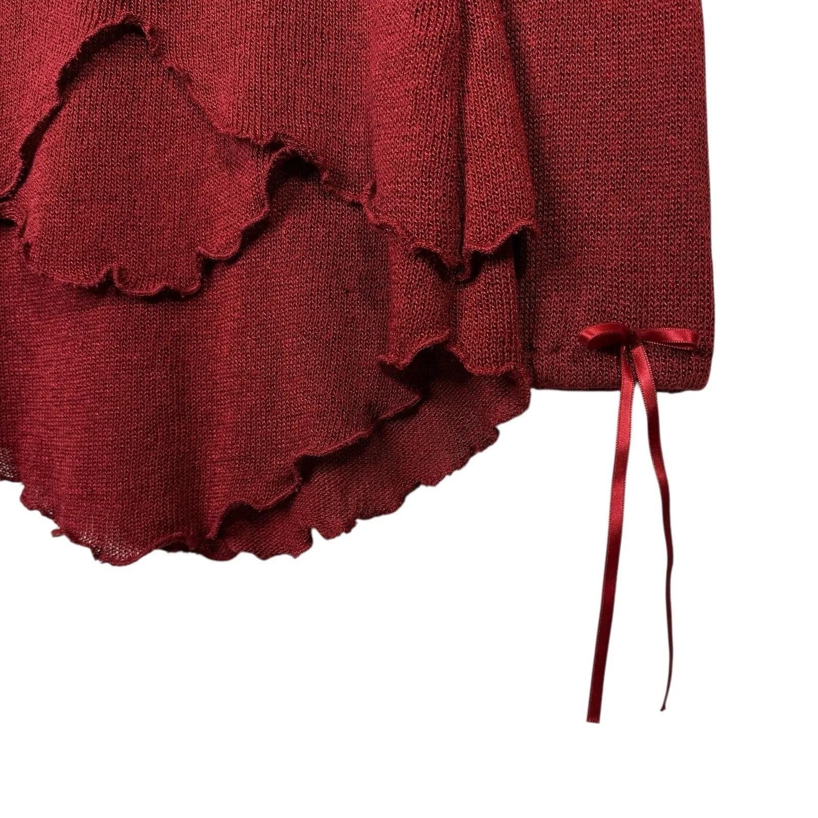 Y2K Rinascimento Babydoll Knit Top M Italian Ruffled Lace Trim Burgundy Red Bows Size M - Image 4