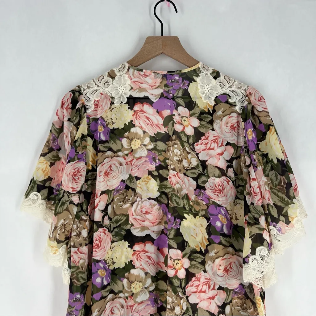 Natori Vintage Floral Semi Sheer Nightgown Dress‎ Lace Detail Long Maxi Kimono S - Image 10