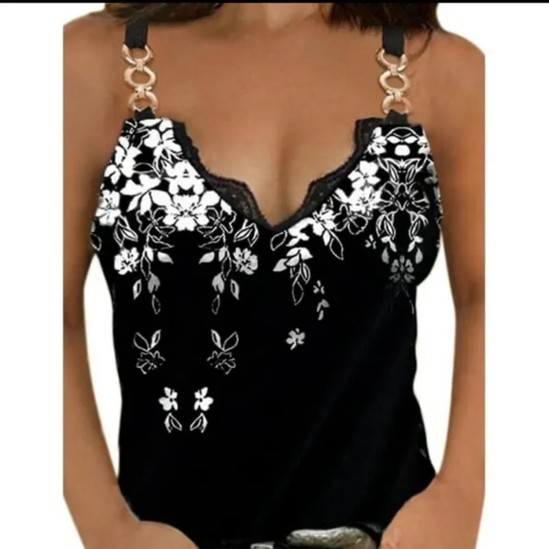 Ladies Fashion Flower Print Metal Chain Sleeveless Sling tank Top Black y2K vibe Size M - Image 3