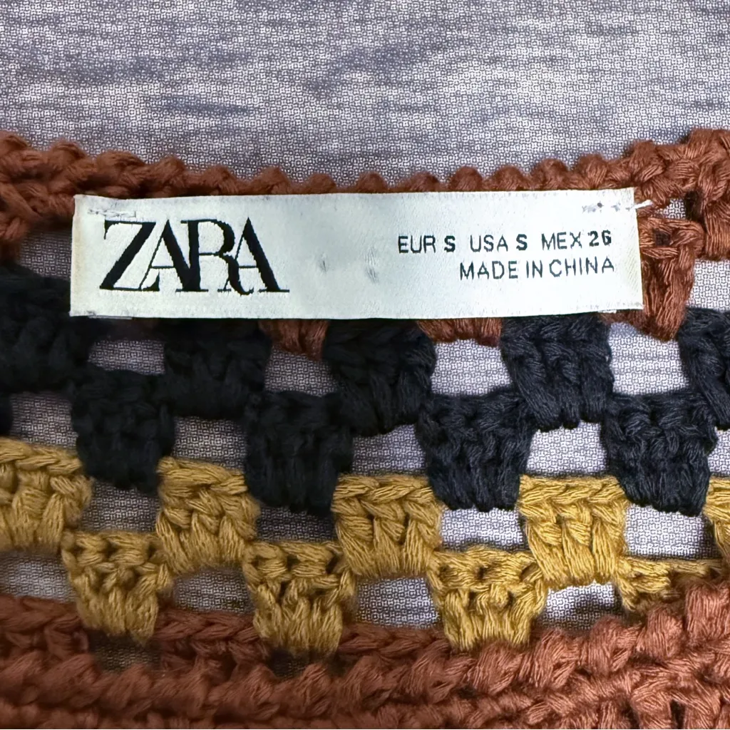 Zara Black Brown Crochet Granny Square Short Ruffle Sleeve Open Knit Top Small - Image 6