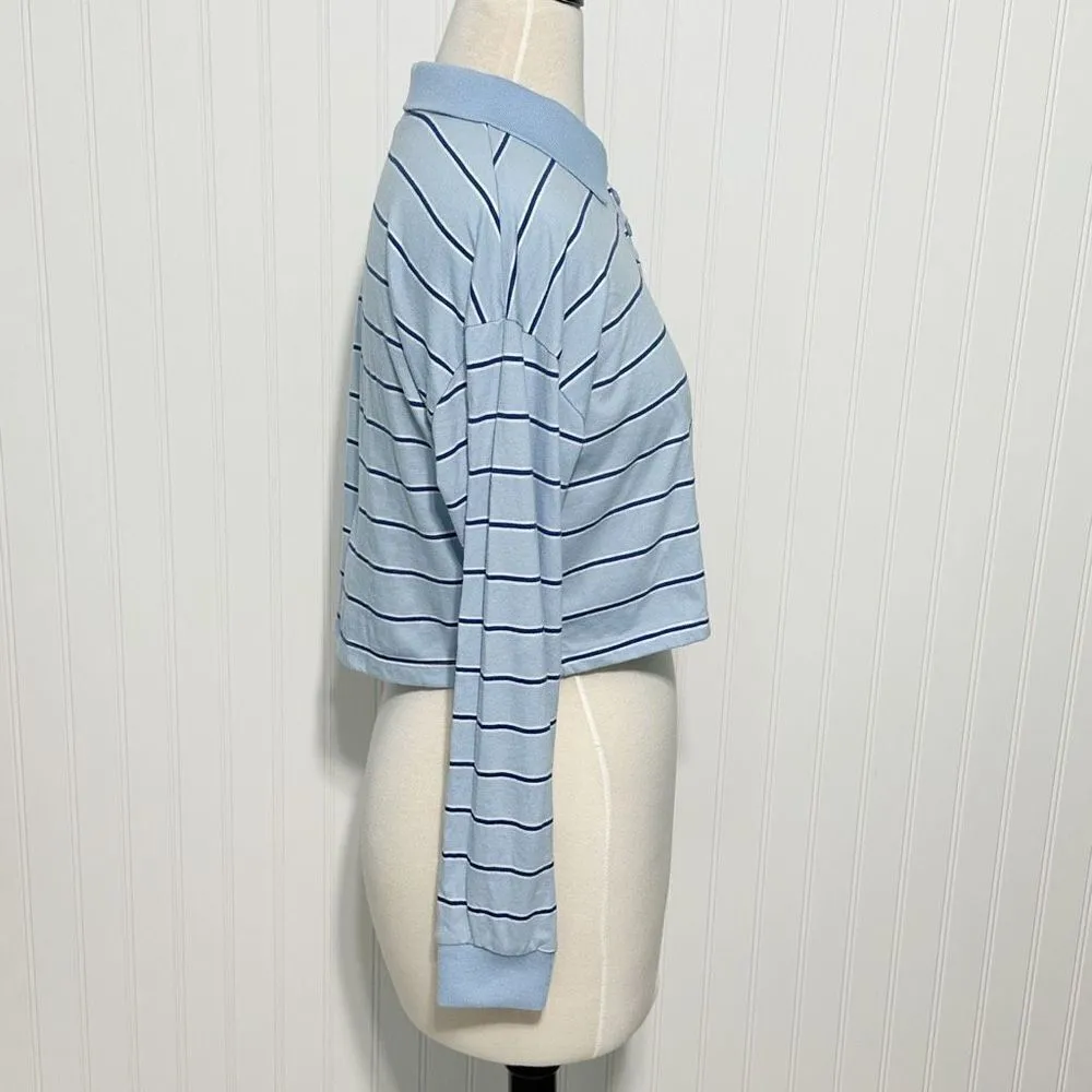Forever 21 Womens Striped Collared Pullover Long Sleeve Crop Top Blue Size Small - Image 4