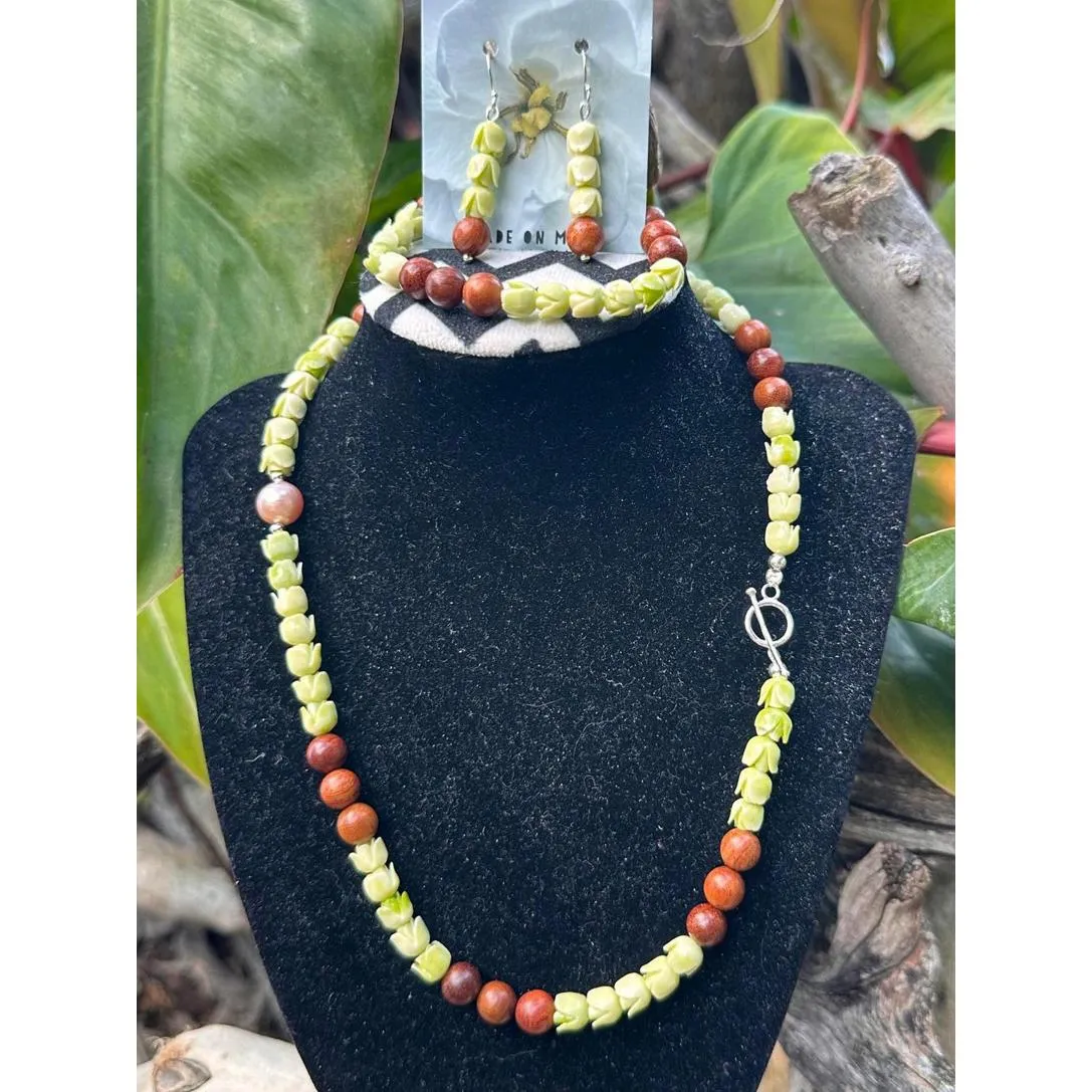 Pakalana & ‘Iliahi Necklace Edison Pearl Earrings Bracelet Set Sterling Silver Green - Image 5