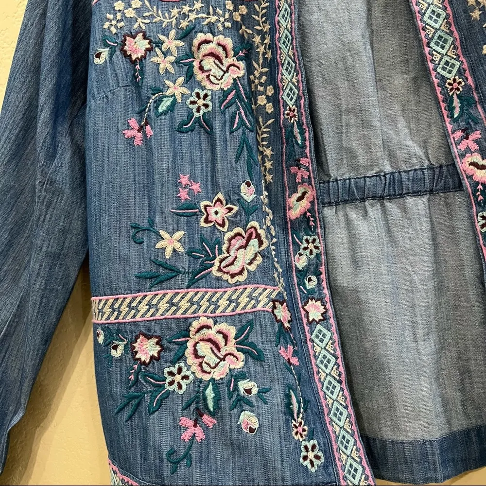 J Jill Floral Embroidered Denim Open Front Jacket Women’s Sz S Boho Hippie EUC Blue - Image 9