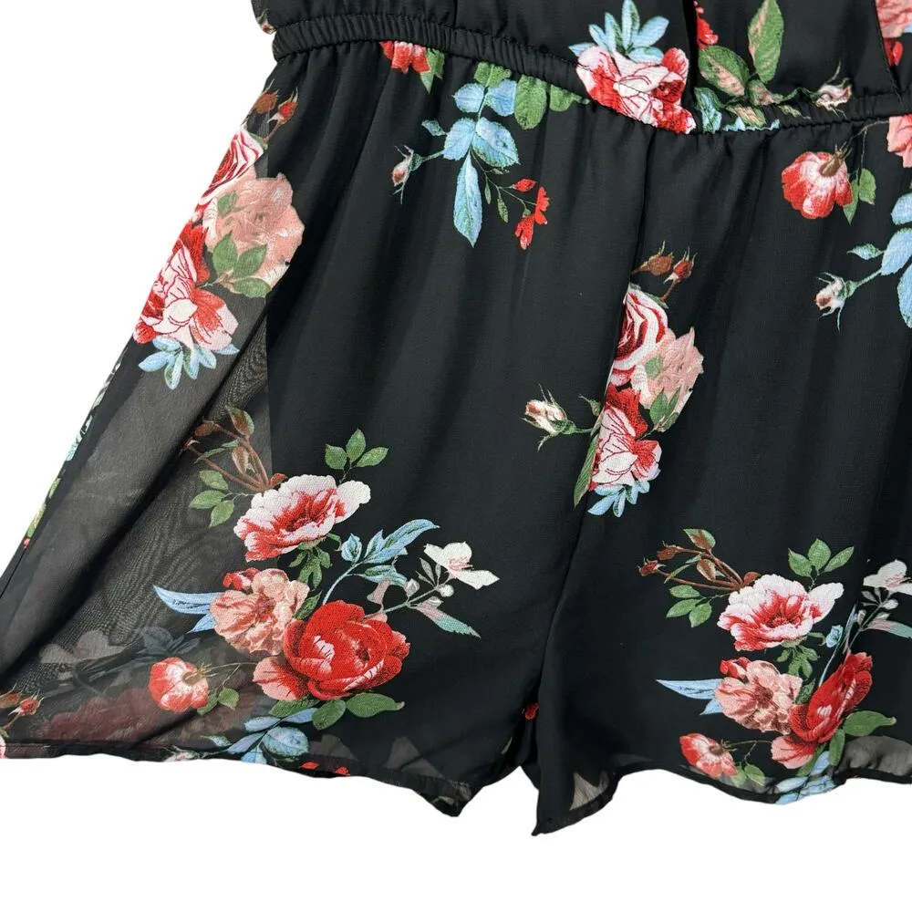 RUE 21 Medium Romper Floral Surplice V-Neck Lined Cutout Long Sleeves Multicolor - Image 3