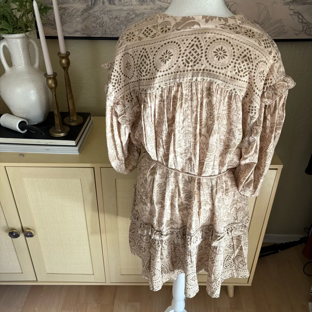 SPELL & THE GYPSY Lioness Boho Paisley Floral Ruffle‎ Tunic Dress in Smoke XS Tan - Image 7