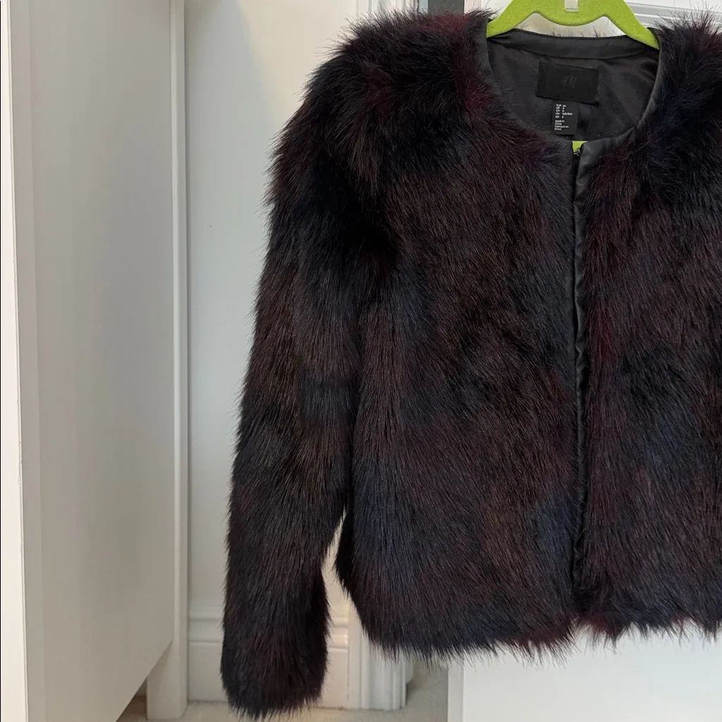 H&M Faux Fur Burgundy + Navy Toned Faux Leather Trim Coat - Image 10