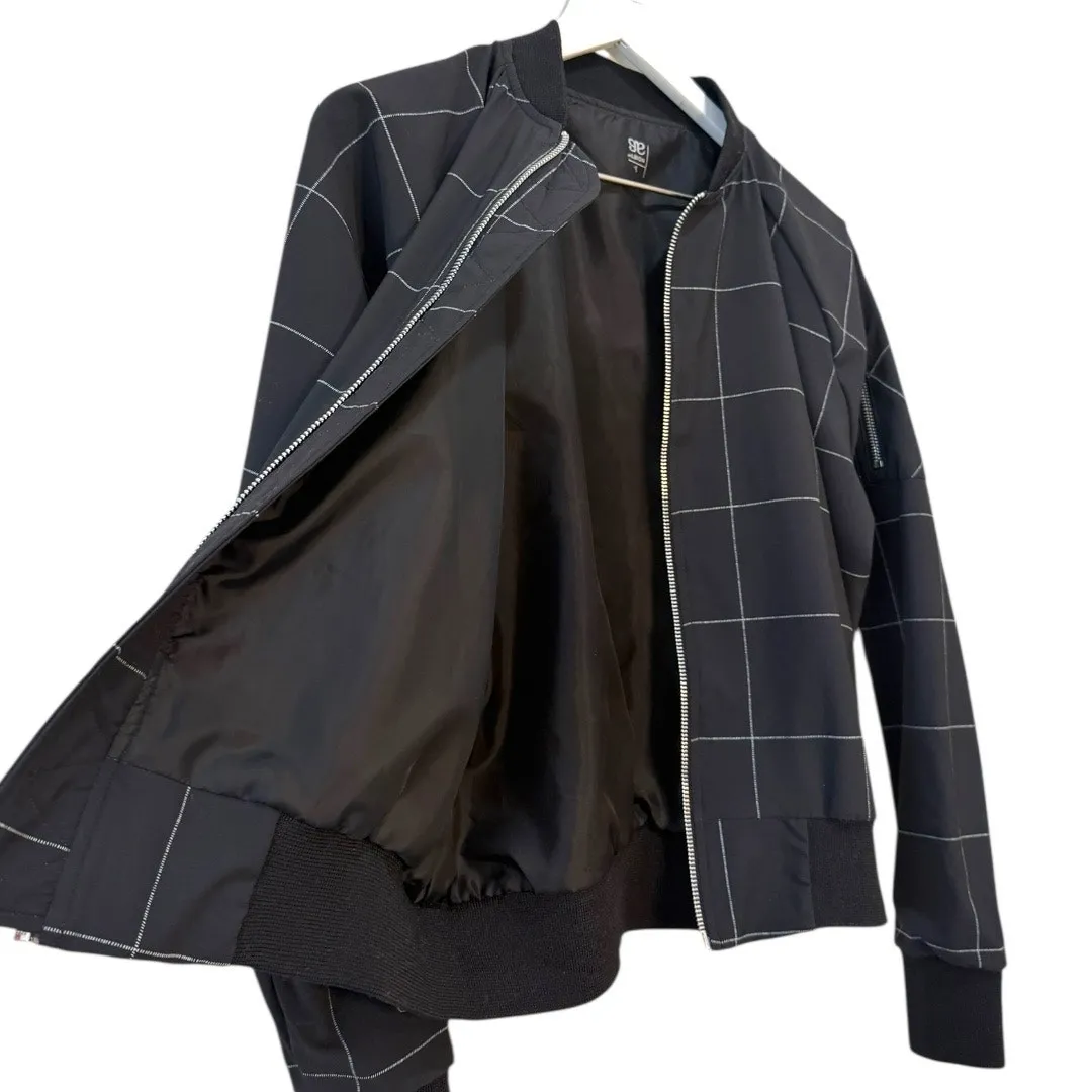 Albion Windowpane Print Bomber Jacket Black Lightweight Full Zip Front Size Med - Image 9