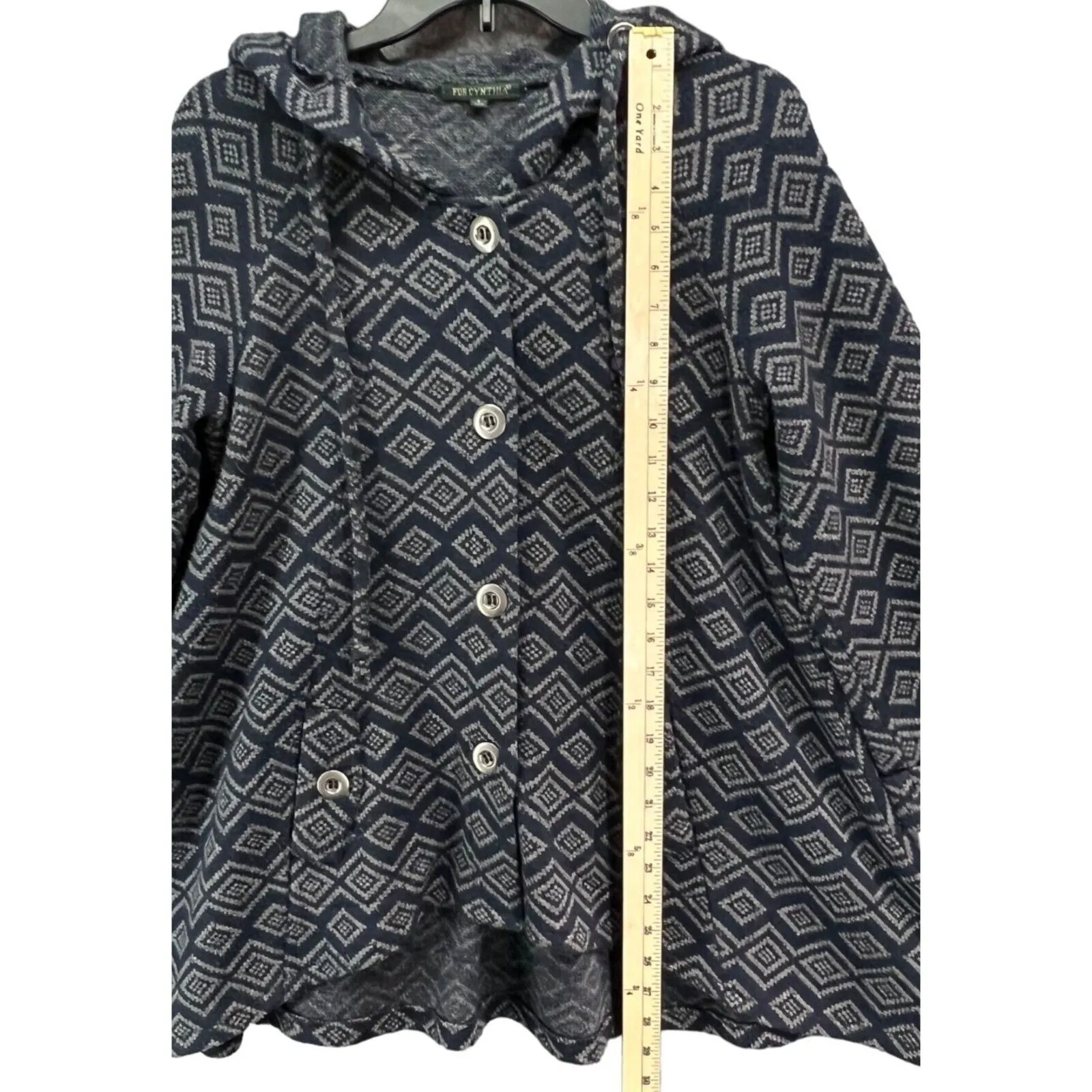 For Cynthia Hooded Jacket Womens S Blue Wool Blend Geometric Coat Boho Folklore - Image 10