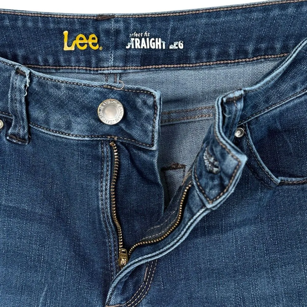 Lee Womens SZ 14S SHORT Straight Leg Jeans Mid-Rise Pockets Zip-Fly Stretch Blue - Image 3
