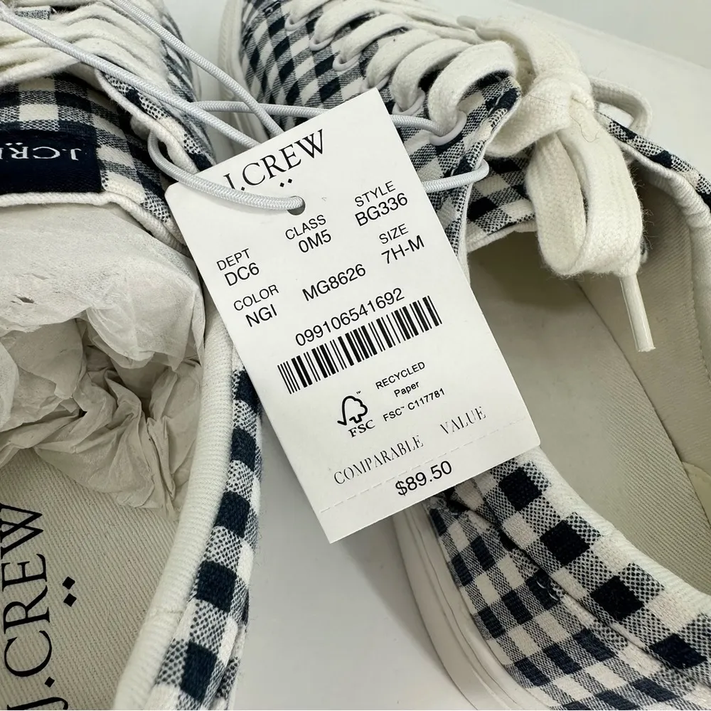 J Crew Factory Gingham Printed Road Trip Canvas Sneakers size 7.5 NWT Navy White - Image 8