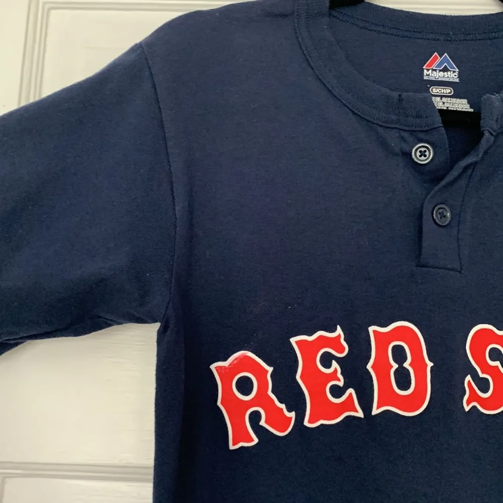 Women’s Size S Boston Red Sox Baseball Blue Short Sleeve T-shirt Button Collar - Image 2