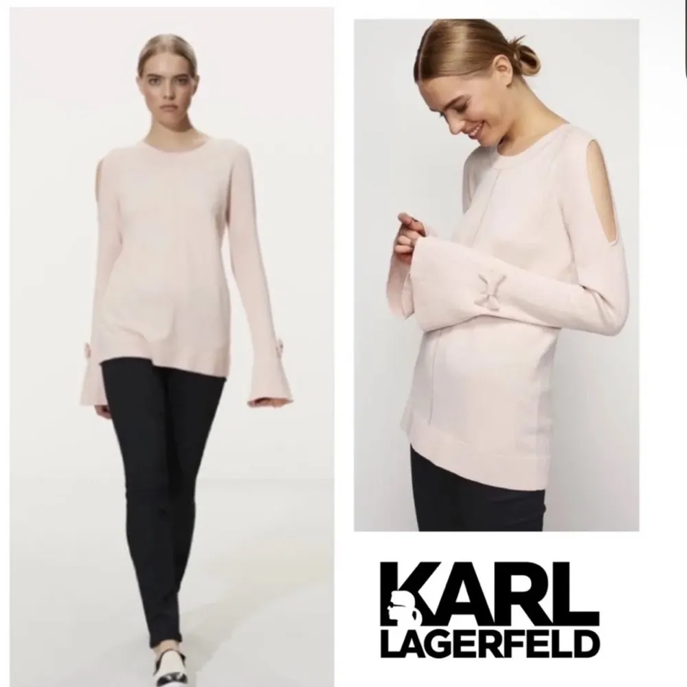 EUC Karl Lagerfeld Grey Bell Sleeved Cold Shoulder Sweater with Bow Tie Wrists - Image 5