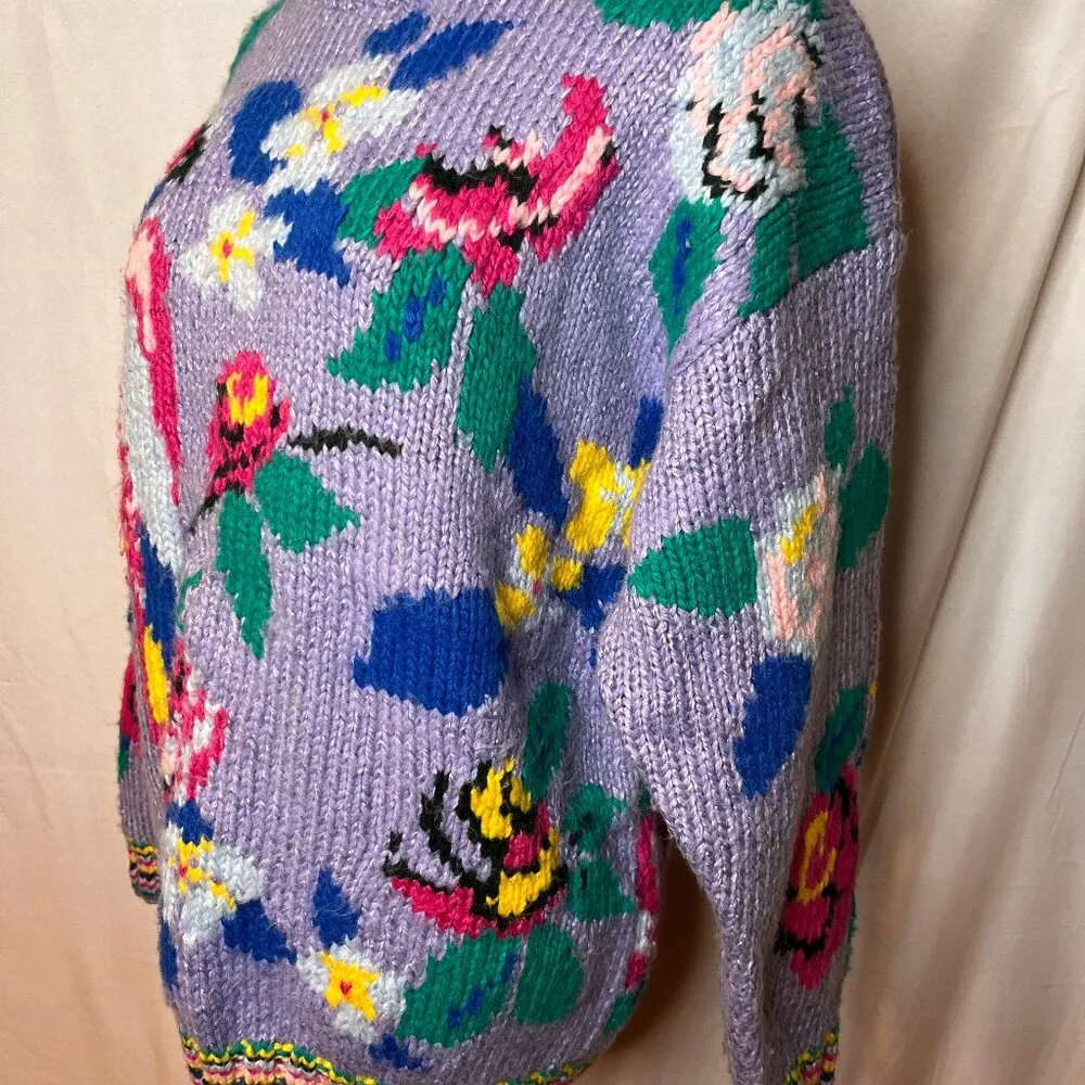 VTG Purple Parrot Floral Chunky All Over Pattern Graphic Sweater Granny 80's Size M - Image 7