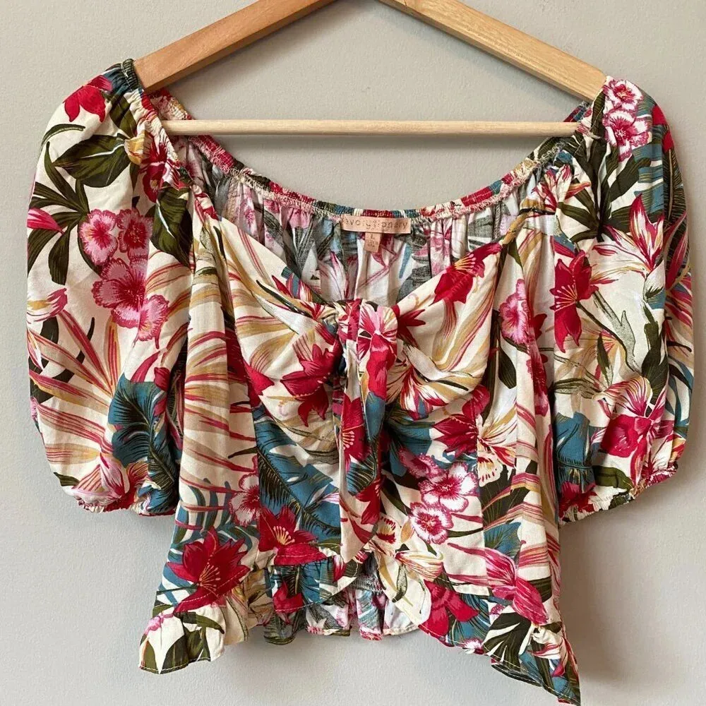 Evolutionary Women's Large Tropical Floral Print Crop Top Puff Sleeves USA Made Pink - Image 4