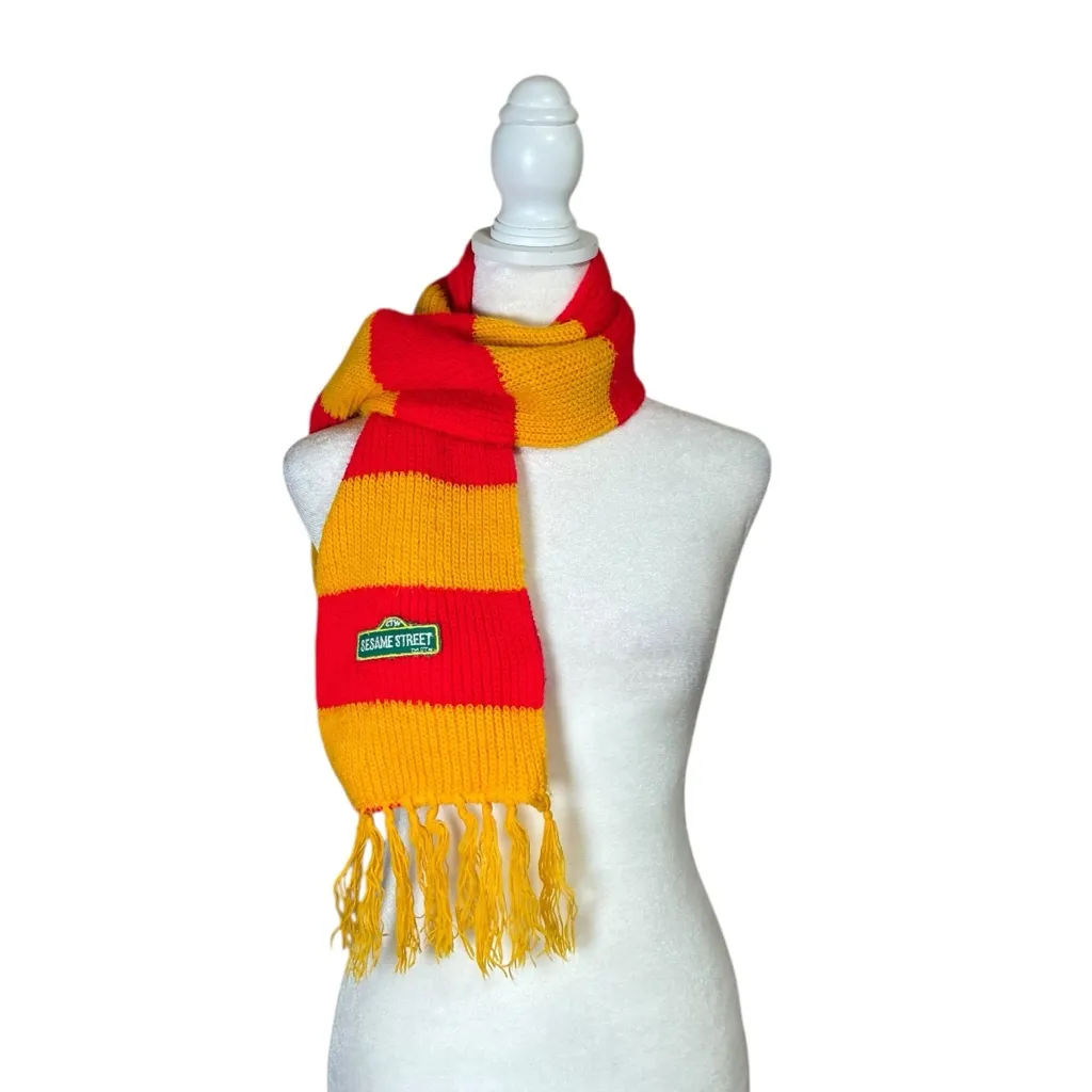 VTG Sesame Street Knit Scarf Orlon Acrylic CTW Logo Red Yellow Elmo Big Bird O/S - Image 3