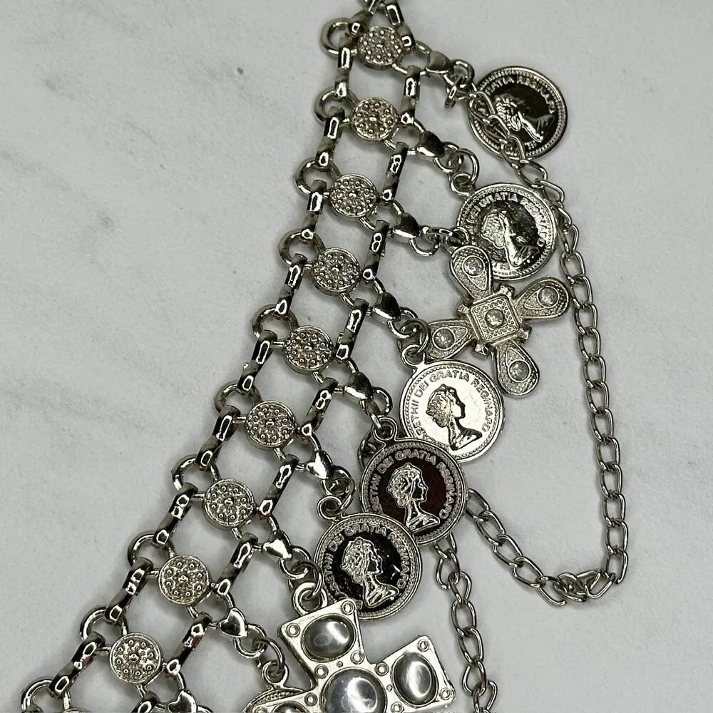 Rhinestone Cross and Coin Charm Silver Tone Metal Chain Link Belt OS One Size - Image 8