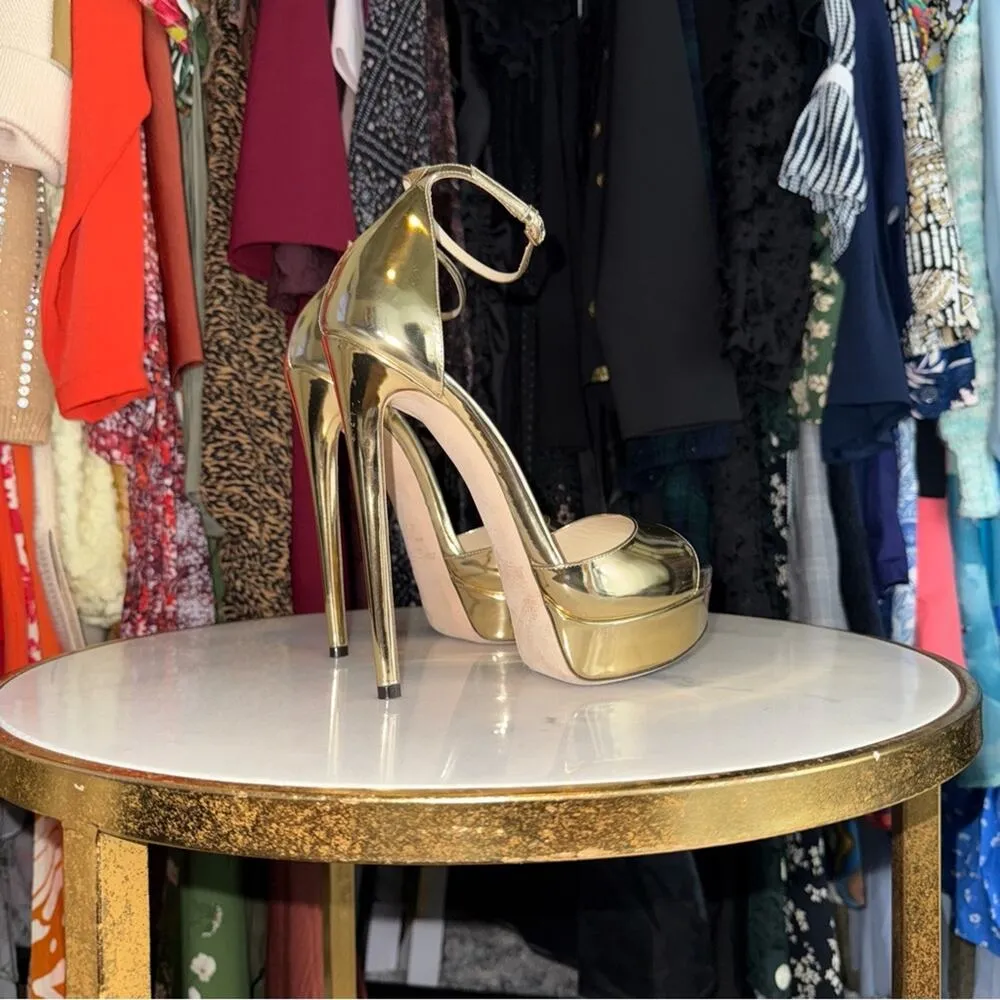 Jimmy Choo Gold Max 150 Mirrored-Leather Platform Stiletto Heel Open Toe Sandal - Image 4