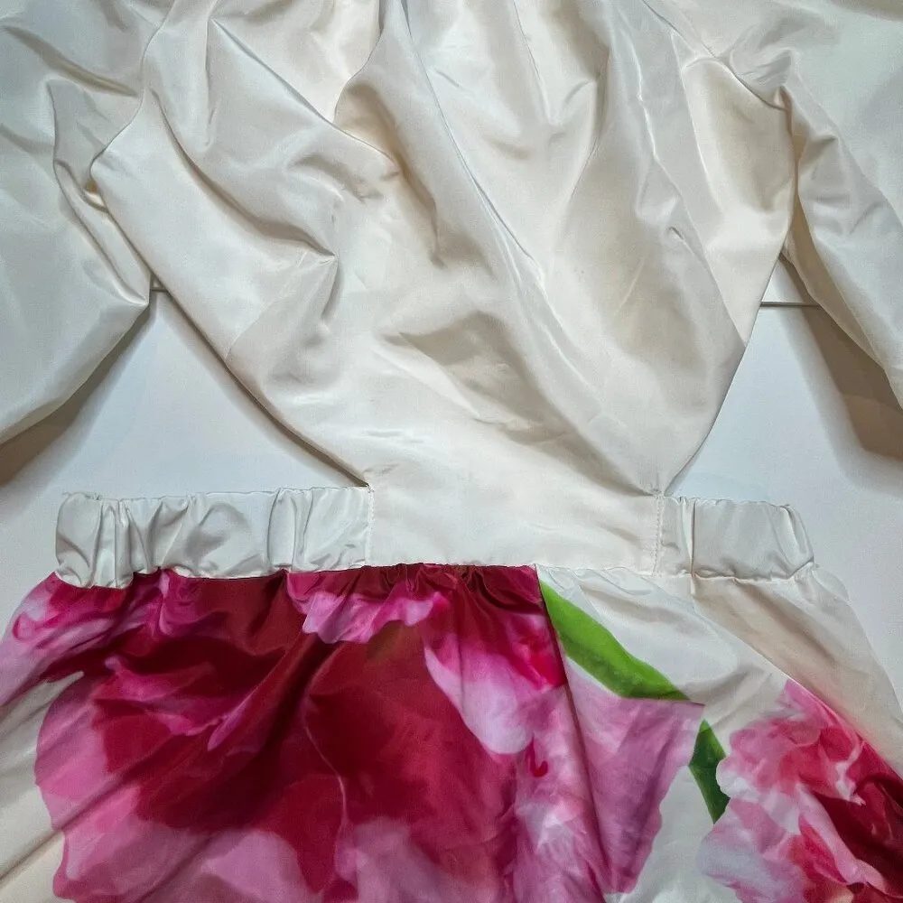 Express Puff Sleeve Cream Pink Cut Out Floral Print Mini Dress Smocked Back SZ M - Image 5