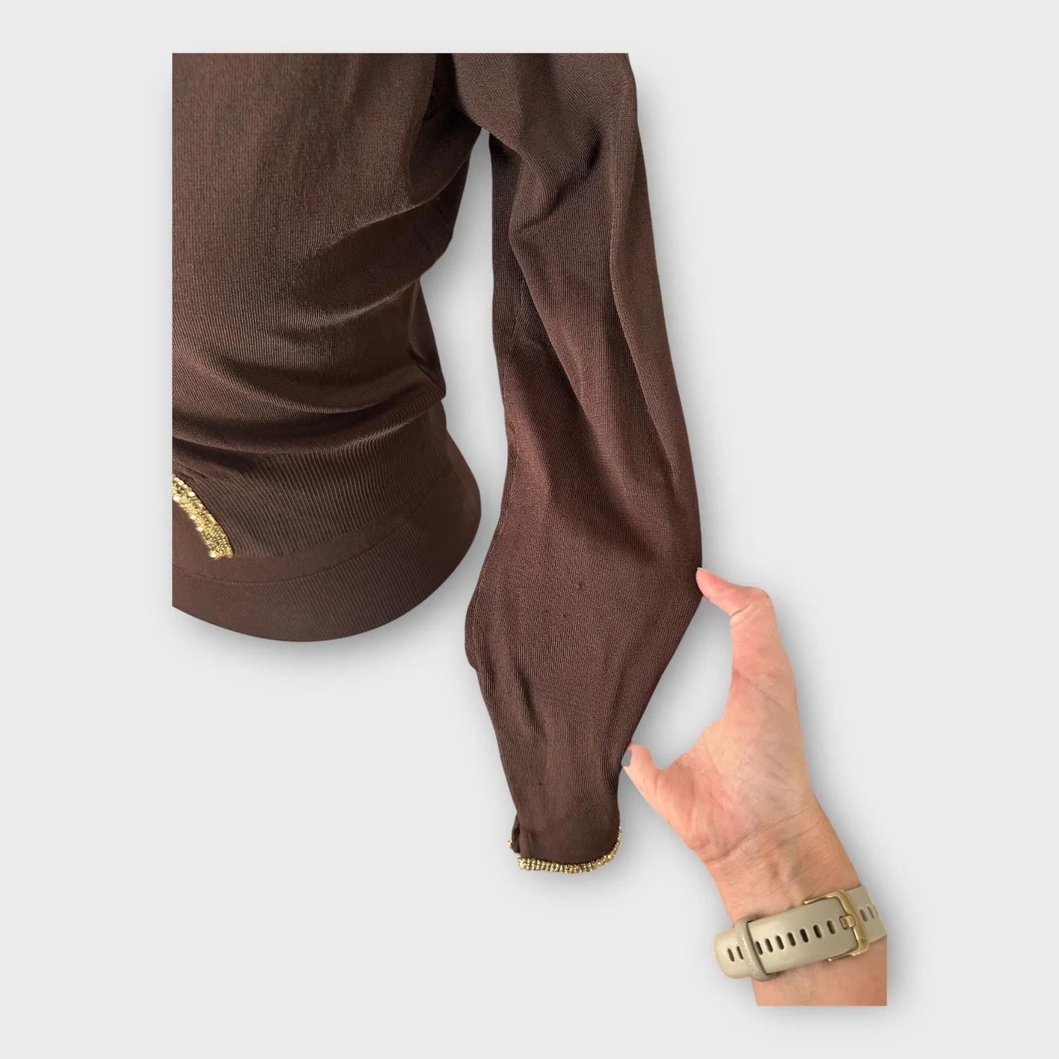 Vintage Y2K bebe Halter Top & Cardigan Set with Gold Chain Trim Brown Sz S/M - Image 7