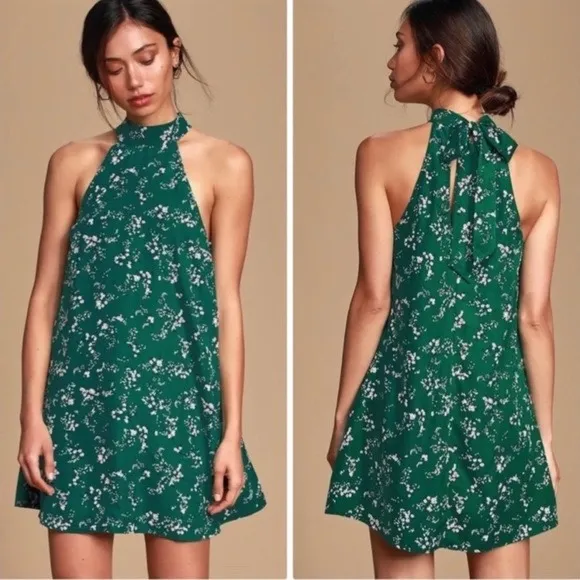 Lulus Darling Dearest Halter Tie Neck Green Floral Mini Swing Dress XS - NWT - Image 2