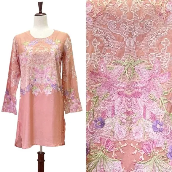NWT Sana Safinaz Floral Embroidered Tunic Tea Rose Pink Peach Women’s Size Small - Image 2