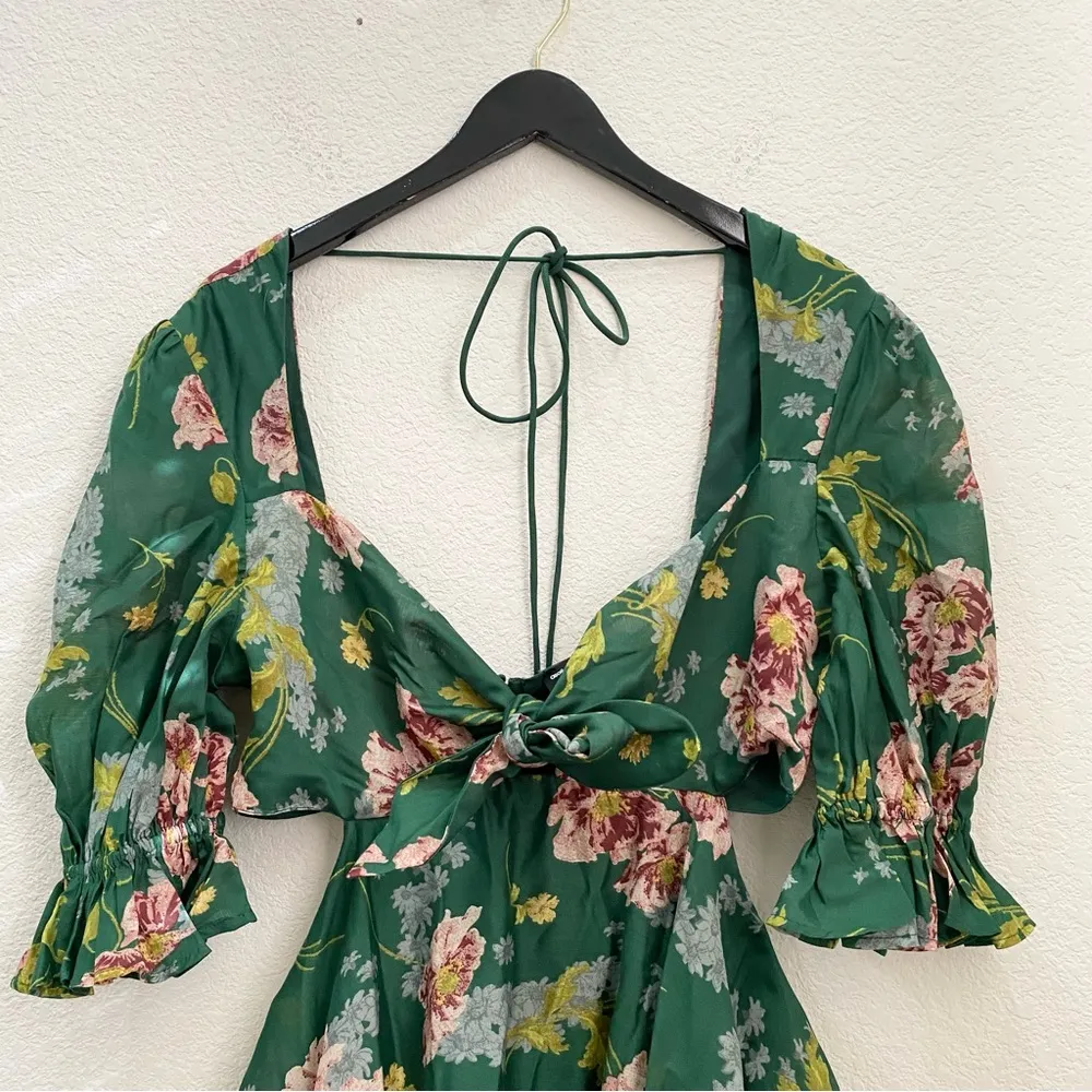 ASOS Tie Front Mini Dress in Textured Voile Art Nouveau Green Floral Size 10 - Image 10