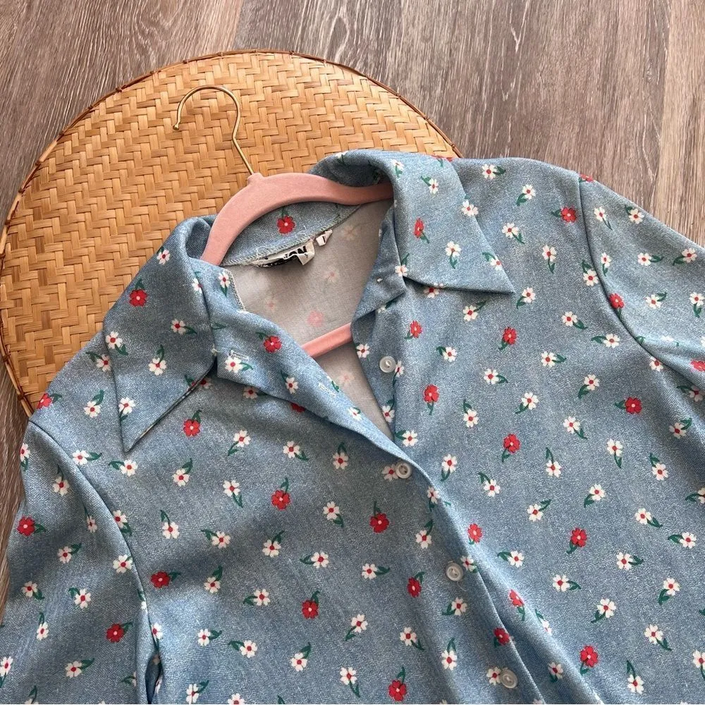 Vintage‎ 1970’s retro floral printed bodysuit play suit women’s size L Blue Size L - Image 2