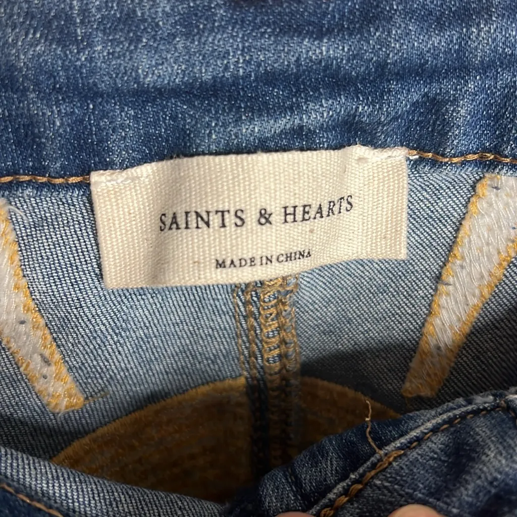 Saints and Hearts Embroider Sun Flare Wide Leg Denim Jean Stretch High Rise Boho Blue Size 18 - Image 10