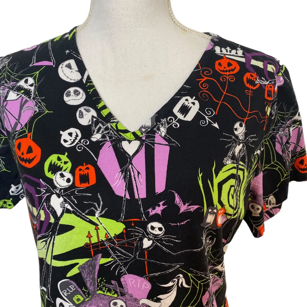 Disney The Nightmare Before Christmas Scrub Top Short Sleeve Jack Skellington XS - Image 3