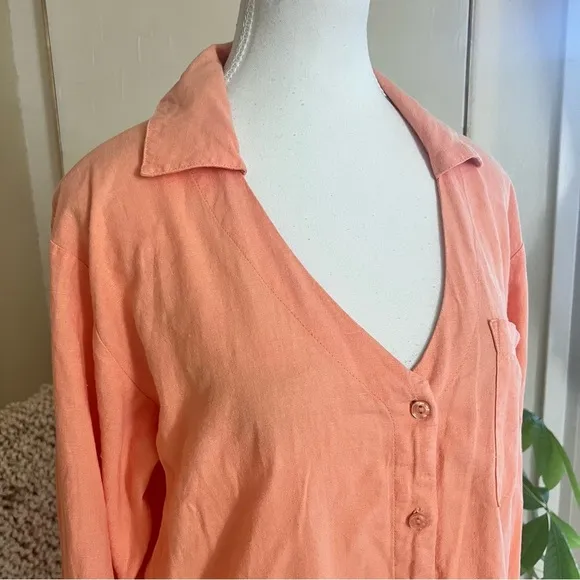 YOUNG‎ FABULOUS & BROKE Peach Linen Blend Button Down Tshirt Dress Boho Size Sm - Image 2