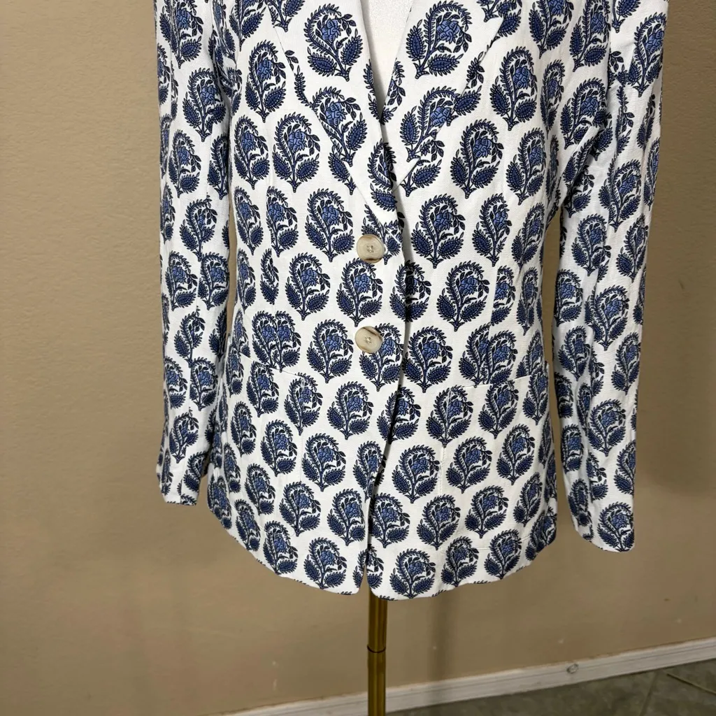 J. Crew Helena Blazer in Blue Bouquet Block Print Chelsea Linen-Blend Sz 2 Boho - Image 3