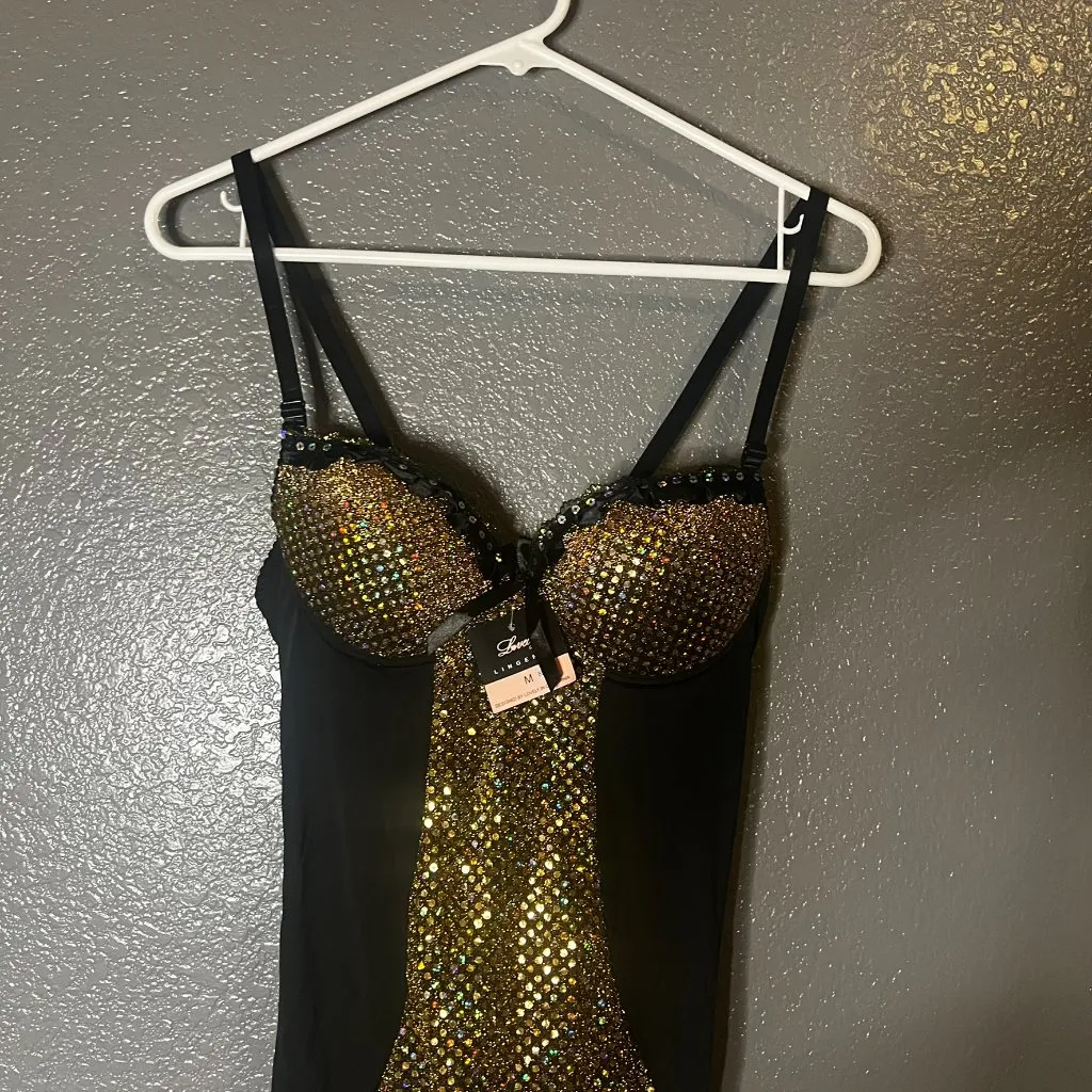 Lovely Day Black Rhinestone Chemise Lingerie Dress Sz M Sparkle Nightwear - Image 8