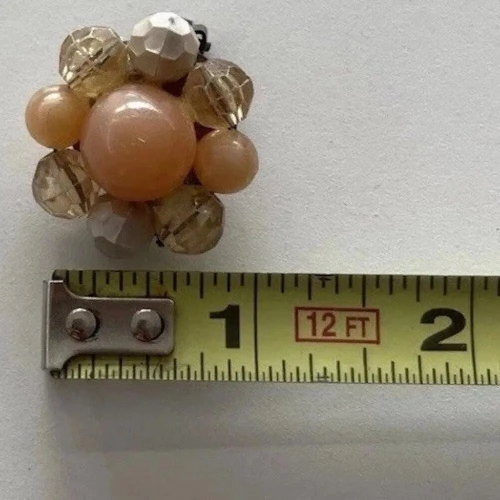 Vintage 1950s Faux Pearl Sea Cream Orange Crystal Cluster Clip on Earrings White - Image 4