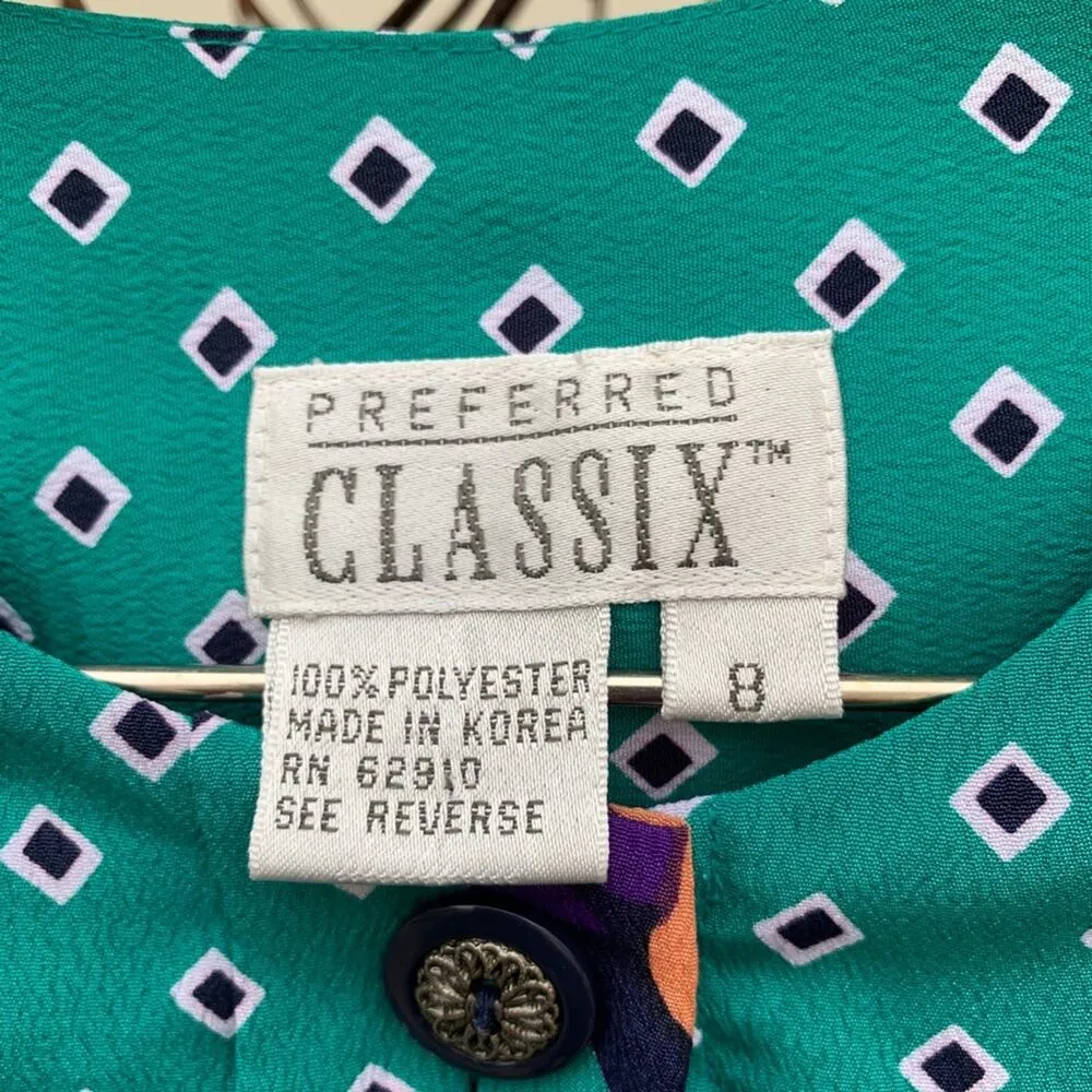 Vintage teal diamond dot rose button down long sleeve secretary blouse Size L - Image 7