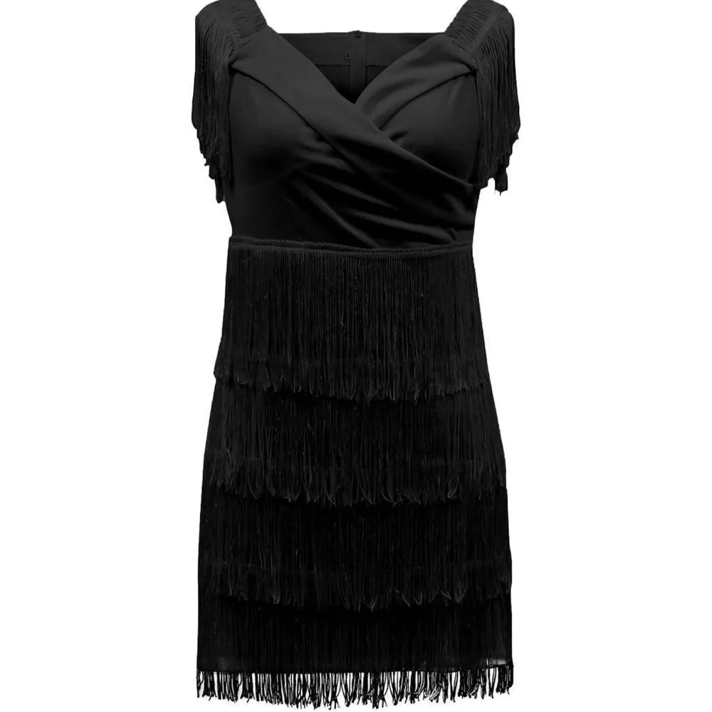 NEW Off Shoulder Wrap Fringe Sleeveless Elegant Party Mini Dress L Black Size L - Image 2