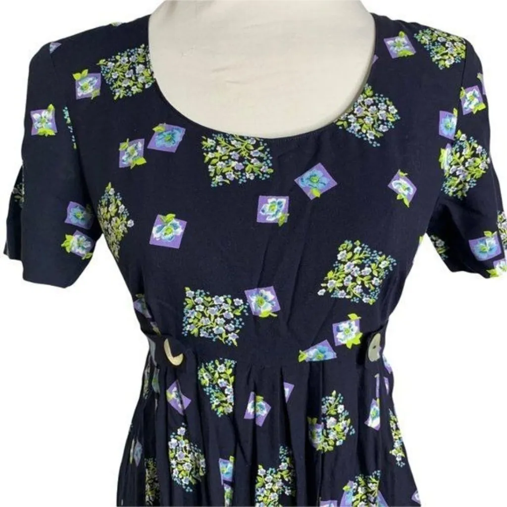 Vintage 90s Rayon Shorts Romper S Blue Floral Tie Waist Zipper Short Sleeves - Image 2