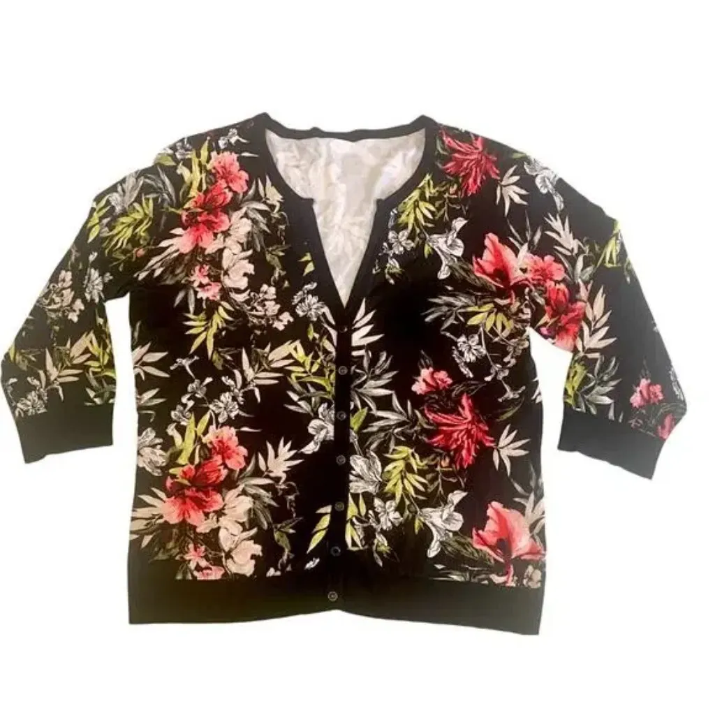 White House Black Market WHBM Floral Black Pink Snap Front Cardigan Sweater - Image 2