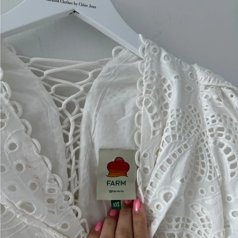 FARM RIO White Cotton Eyelet Puff Sleeve Midi Dress XXS - Image 9