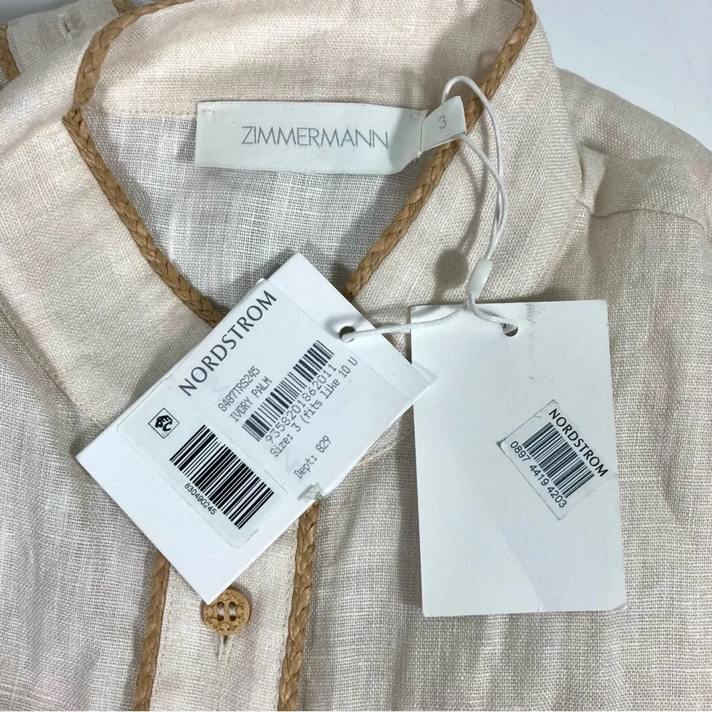 Zimmermann Lexi Tropical Floral Raffia Trim Button Up Shirt Ivory Palm 10 NWT - Image 7