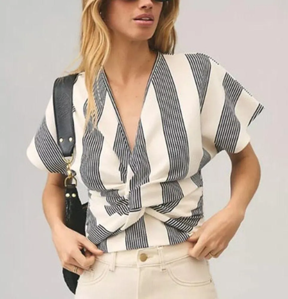Bishop + Young Navy Striped Twist Front Top Sz S NWT - Image 5