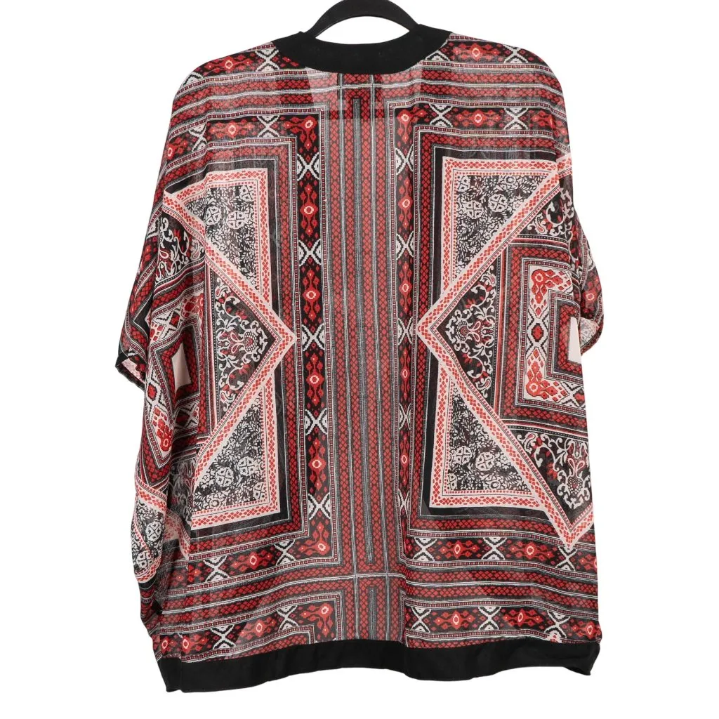 Angie Kimono Cardigan L Womens Boho Sheer Y2K Red Black White Short Sleeve Geo - Image 5